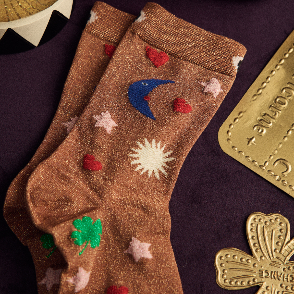 Chaussettes femme à paillettes bronze - La bonne aventure