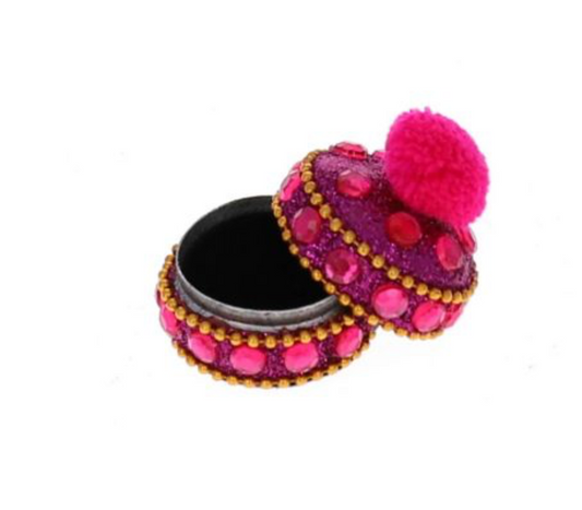Petite boite ronde indienne Pompon Fuchsia