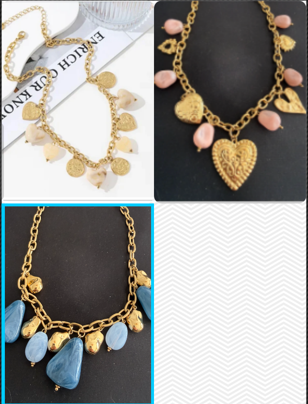 collier dore pampille coeur pierre marron rose bleue