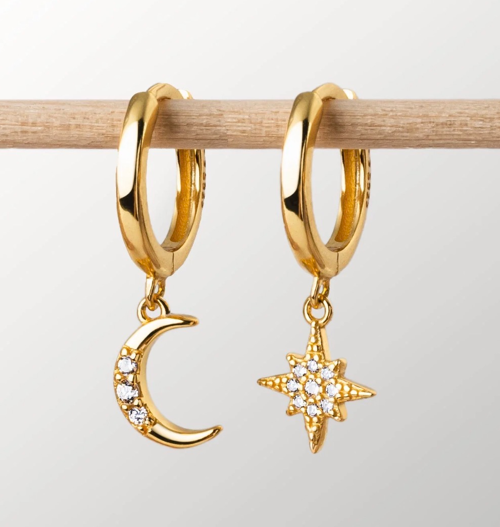 boucle oreille dore lune et étoile strass