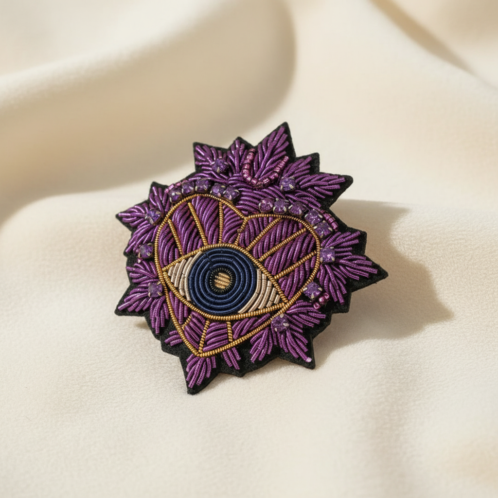 Broche brodée coeur oeil violet