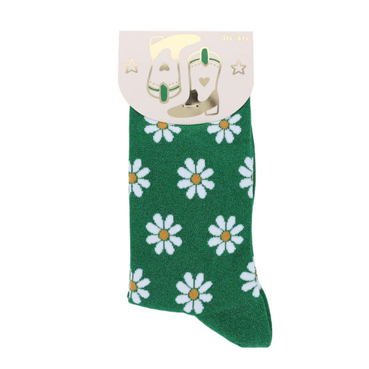 Chaussettes femme à paillettes vertes marguerites - Rodéo Disco