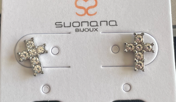 puce oreille croix argent et strass