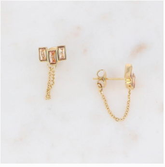 Boucles Rylee dorées avec 3 cristaux beiges et chaîne