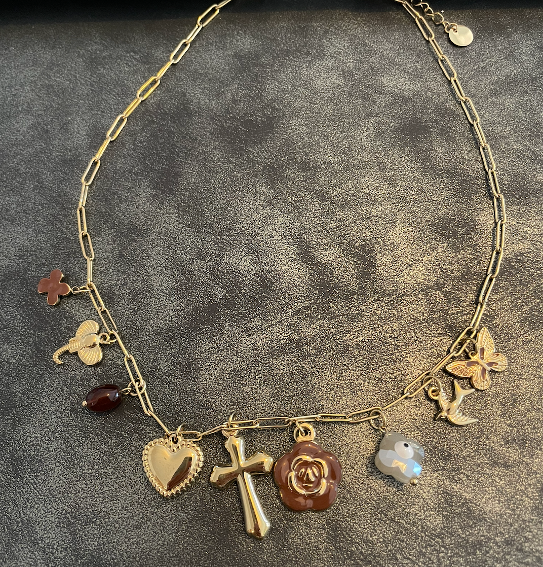 Collier pampille dore croix et coeur