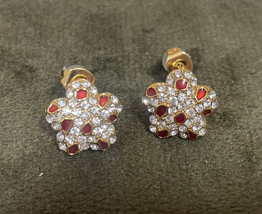 Boucle oreille puce dore strass et rubis