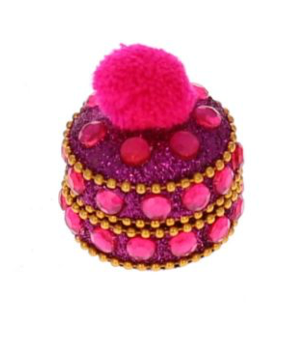 Petite boite ronde indienne Pompon Fuchsia