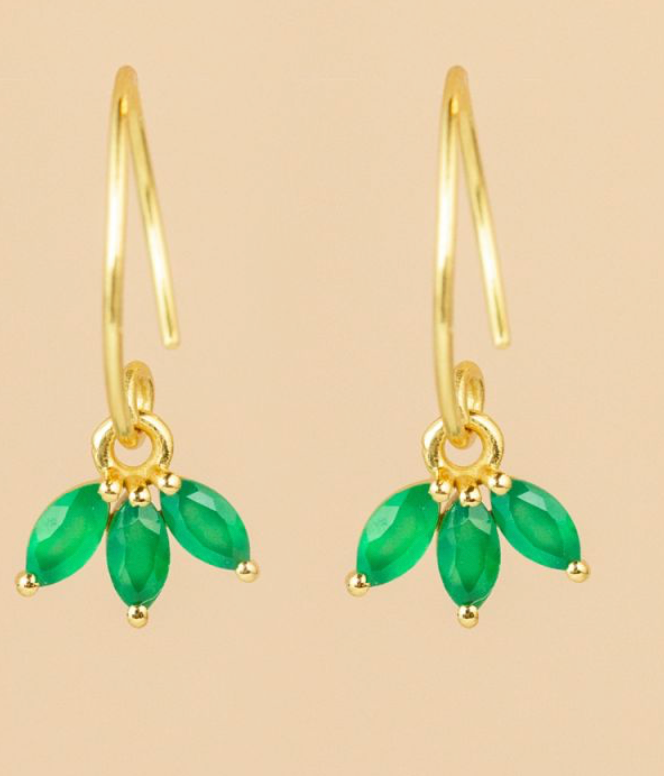Boucles d'oreilles P.O pendantes trois pierres Agathe verte