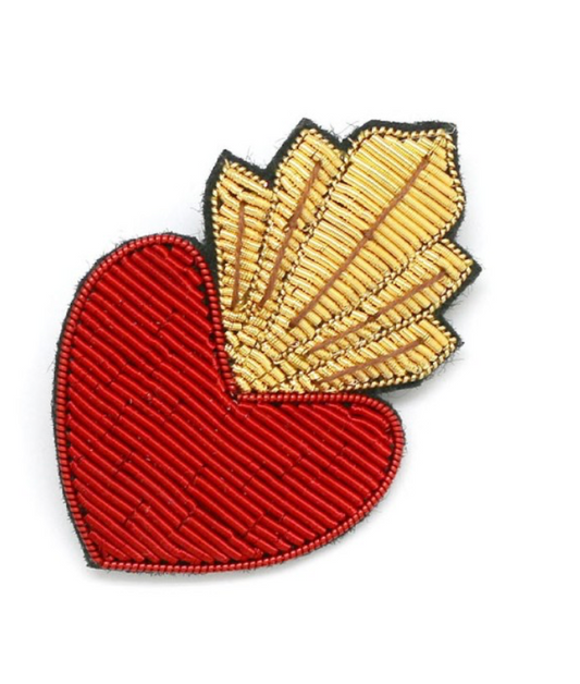 Broche brodée coeur rouge/argenté