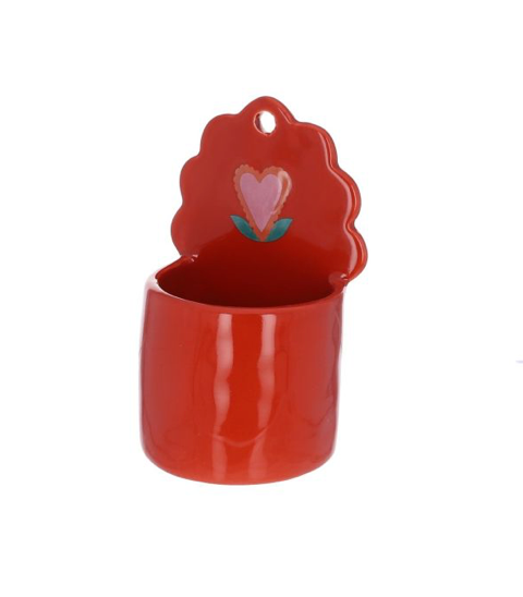 Pot fleur coeur à suspendre rouge