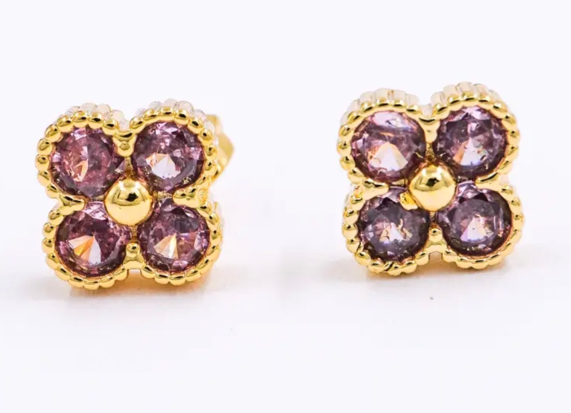 boucle oreille dore trèfle pierre strass violet