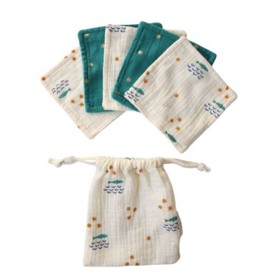 Lot de 5 lingettes lavables pochon écru poissons - Ma bonne étoile