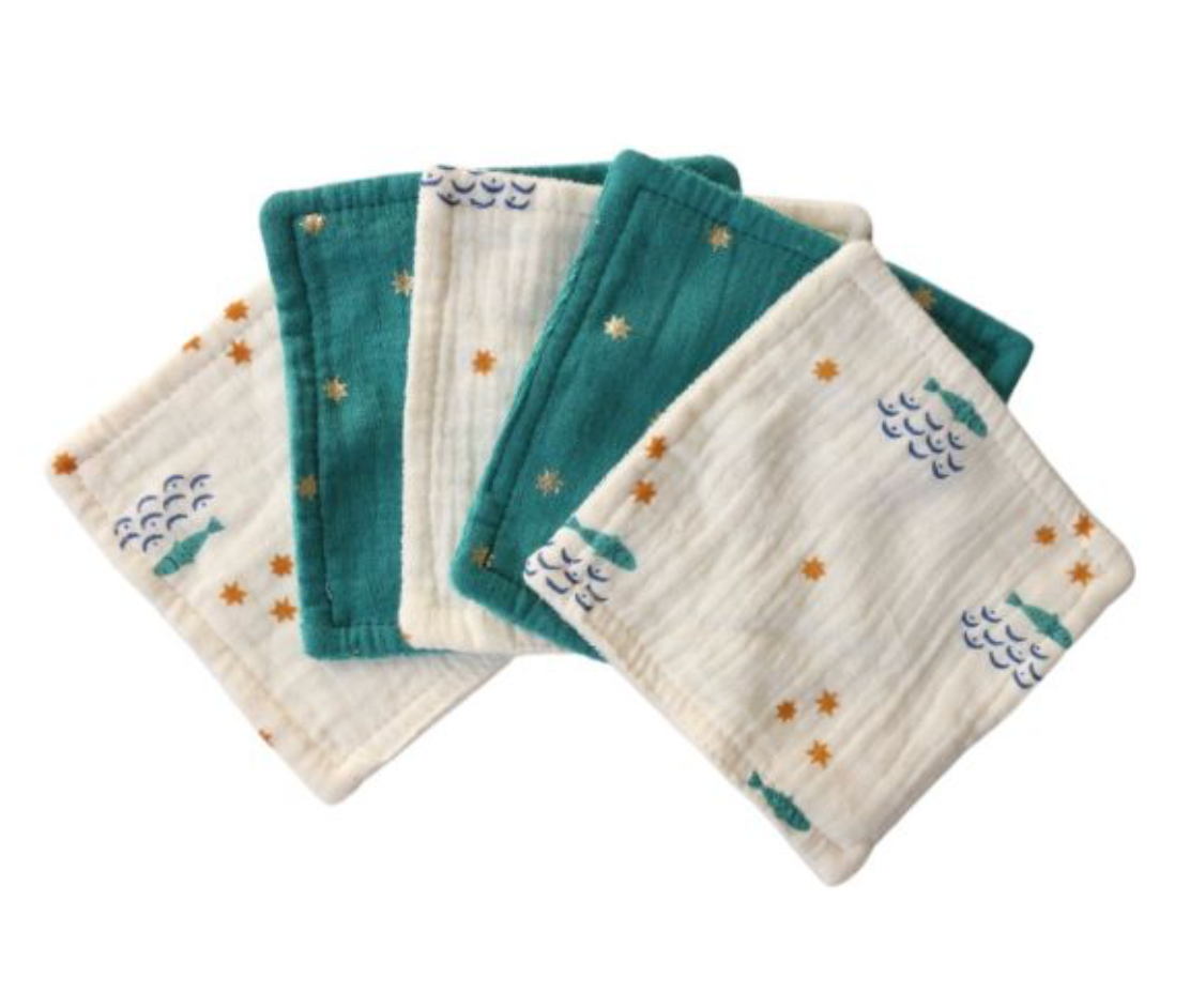 Lot de 5 lingettes lavables pochon écru poissons - Ma bonne étoile