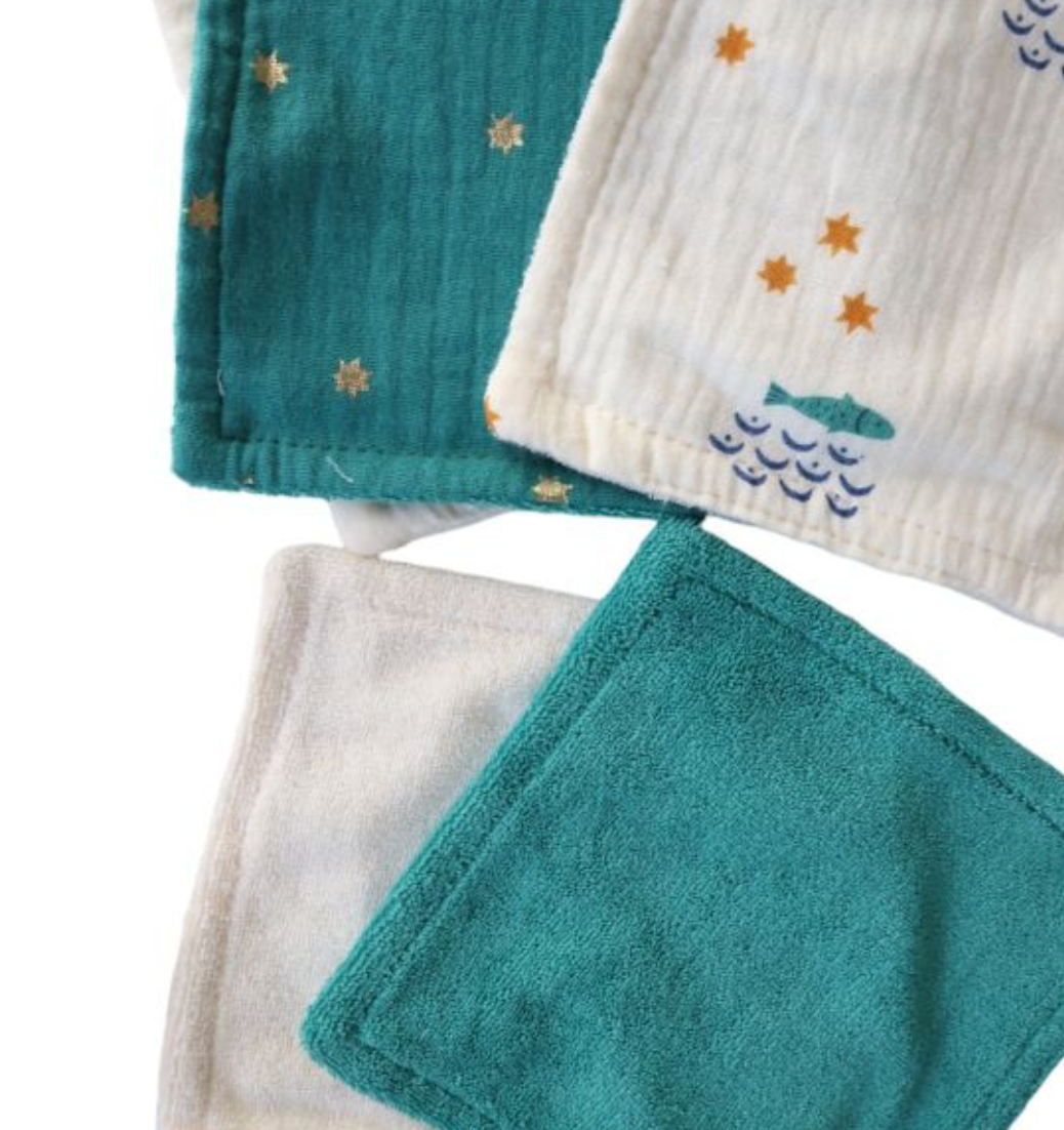 Lot de 5 lingettes lavables pochon écru poissons - Ma bonne étoile