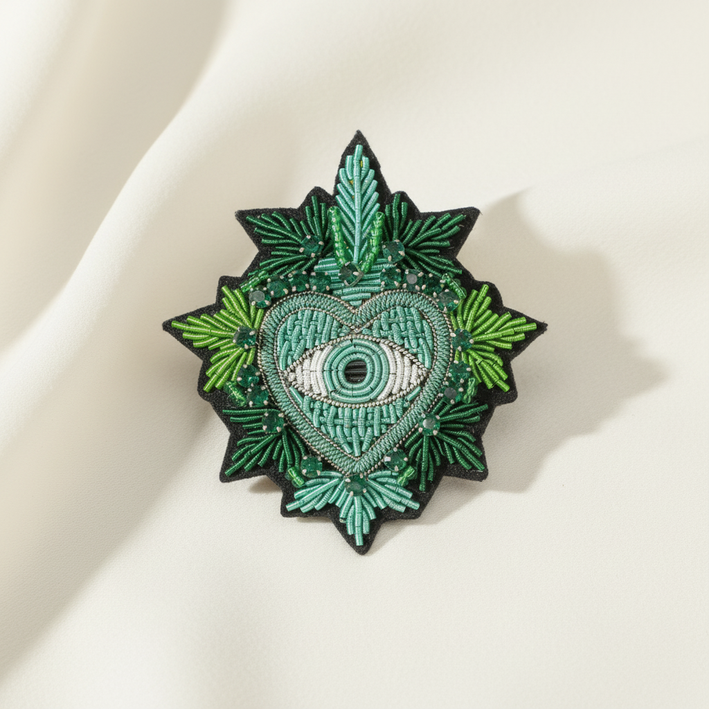 Broche brodée coeur oeil vert