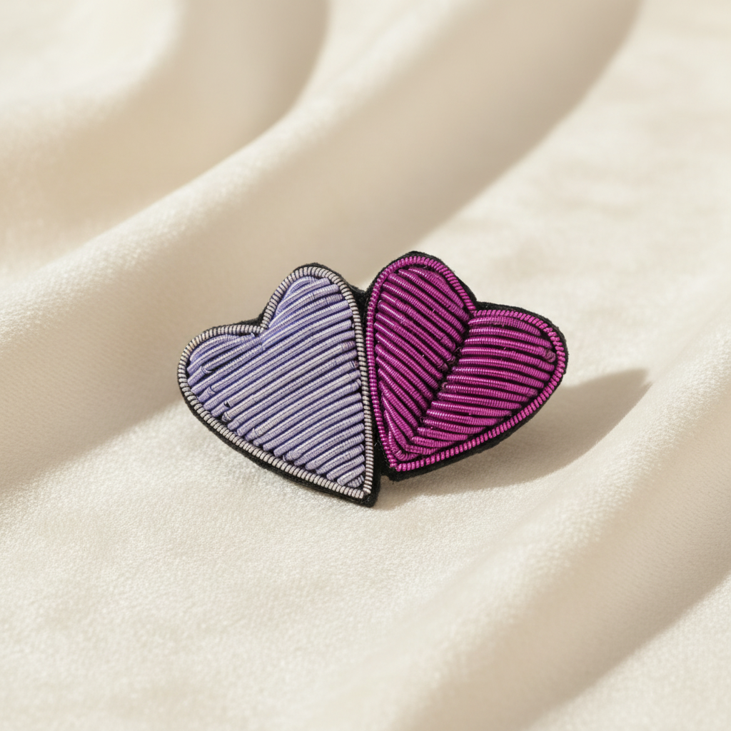 Broche brodée double coeurs collés