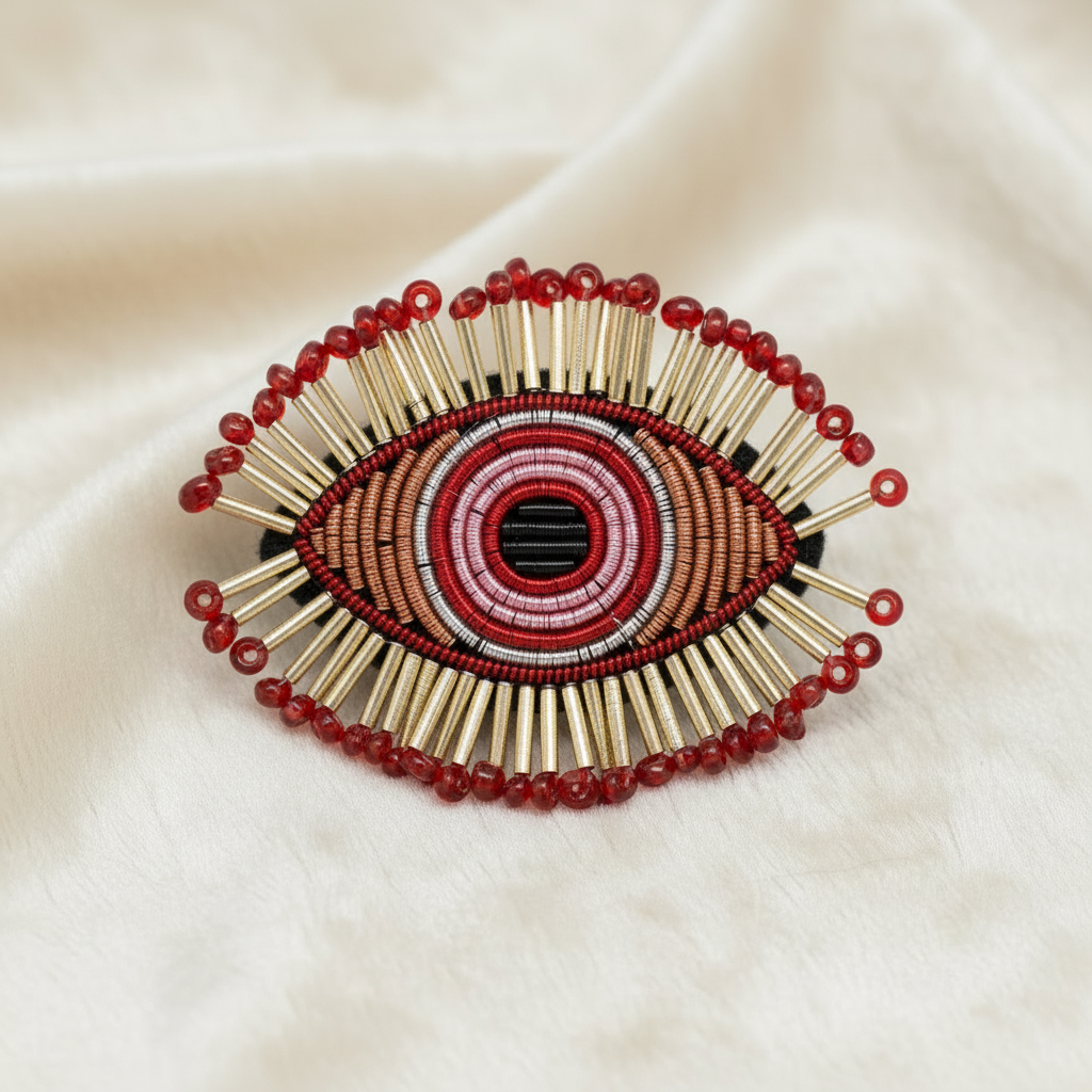 Broche brodée oeil cils perles