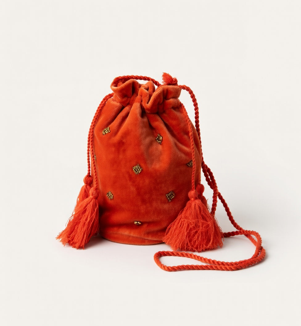 Sac bourse en velours orange avec perles - Olympe