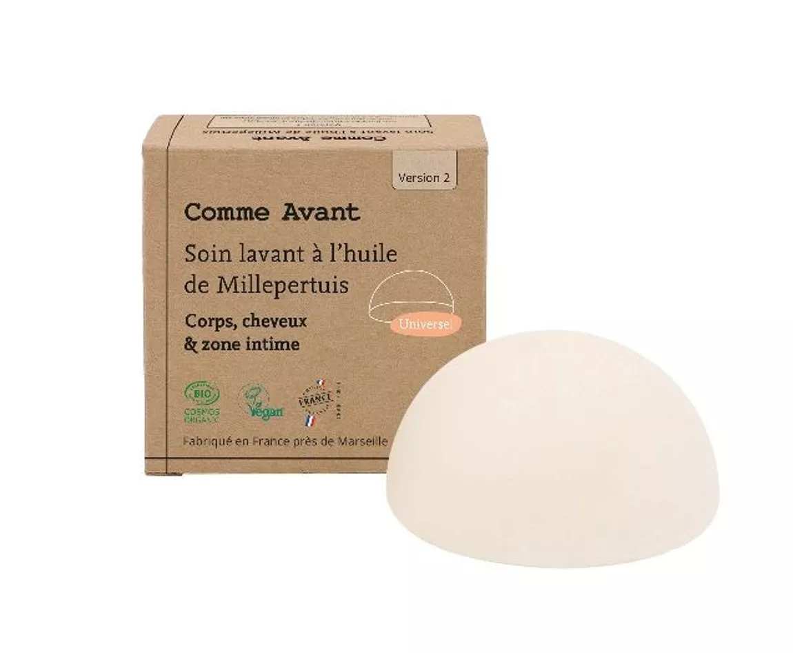 Soin lavant intime solide à l'huile de Millepertuis.